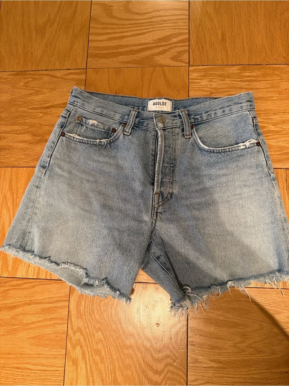 AGOLDE Parker Long Vintage Cutoff Denim Shorts in Swapmeet